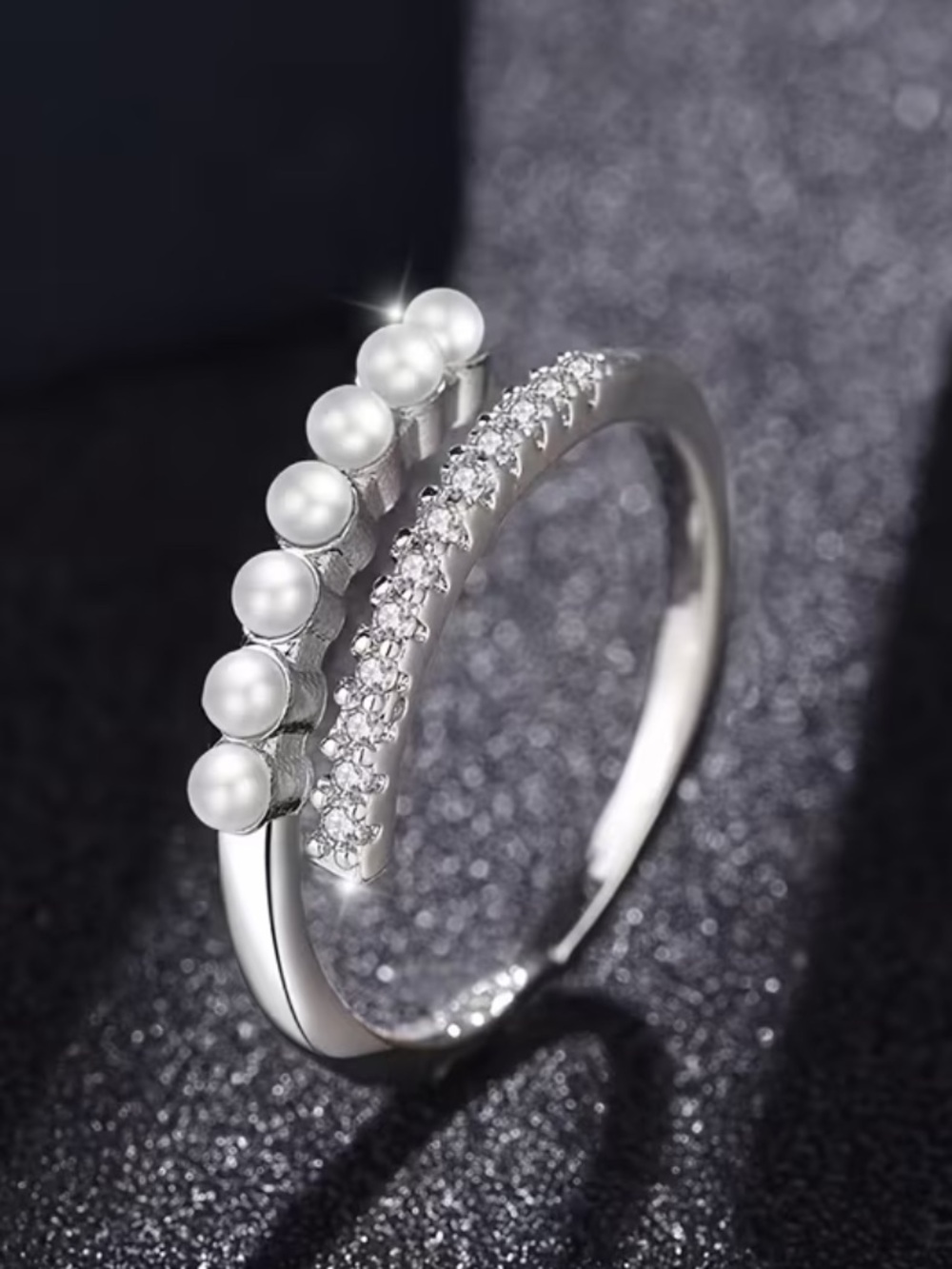 S925 Sterling Silver Pearl & Moissanite Open Band Ring